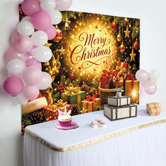 Lofaris Golden Merry Christmas Photography Backdrop with Reindeer, Gifts and Sparkling Bokeh Lights, Festive Holiday Background for Family