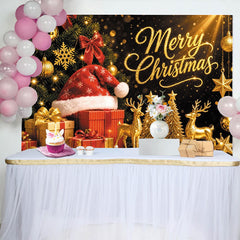 Lofaris Golden Glitter Merry Christmas Backdrop with Santa Hat and Gifts, Luxurious Holiday Background for Festive Party Decoration