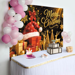 Lofaris Golden Glitter Merry Christmas Backdrop with Santa Hat and Gifts, Luxurious Holiday Background for Festive Party Decoration