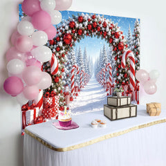 Lofaris Snowy Winter Christmas Arch Backdrop with Candy Canes, Festive Red and White Ornaments Background for Holiday Photoshoot Decor