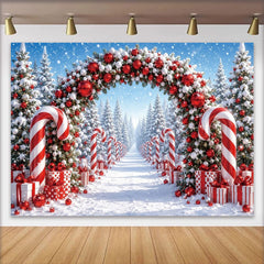 Lofaris Snowy Winter Christmas Arch Backdrop with Candy Canes, Festive Red and White Ornaments Background for Holiday Photoshoot Decor