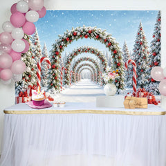 Lofaris Snowy Christmas Archway Backdrop with Red Ornaments and Candy Canes, Winter Wonderland Background for Holiday Party Decor