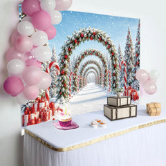 Lofaris Snowy Christmas Archway Backdrop with Red Ornaments and Candy Canes, Winter Wonderland Background for Holiday Party Decor
