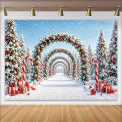 Lofaris Snowy Christmas Archway Backdrop with Red Ornaments and Candy Canes, Winter Wonderland Background for Holiday Party Decor