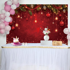 Lofaris Red Christmas Backdrop with Pine Branches, Ornaments and Stars, Sparkling Holiday Background for Festive Party Decor