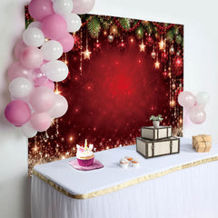 Lofaris Sparkling Red Christmas Photography Backdrop with Pine Branches, Ornaments and Glitter, Festive Holiday Background for Party Decor