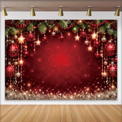 Lofaris Sparkling Red Christmas Photography Backdrop with Pine Branches, Ornaments and Glitter, Festive Holiday Background for Party Decor