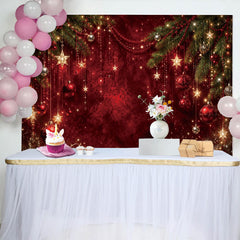 Lofaris Elegant Red Christmas Backdrop with Pine Branches and Golden Stars, Luxurious Winter Holiday Background for Festive Party Decor