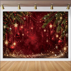 Lofaris Elegant Red Christmas Backdrop with Pine Branches and Golden Stars, Luxurious Winter Holiday Background for Festive Party Decor