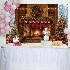 Lofaris Cozy Christmas Fireplace Backdrop with Decorated Trees and Stockings, Winter Holiday Background for Family Photoshoot and Party Decor