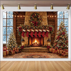 Lofaris Cozy Christmas Fireplace Backdrop with Decorated Trees and Stockings, Winter Holiday Background for Family Photoshoot and Party Decor
