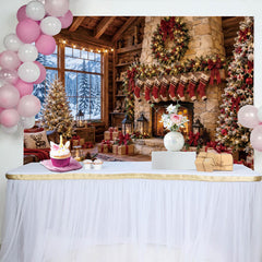 Lofaris Rustic Cabin Christmas Fireplace Backdrop with Snowy Window, Warm Winter Holiday Background for Family Photoshoot