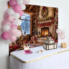 Lofaris Rustic Cabin Christmas Fireplace Backdrop with Snowy Window, Warm Winter Holiday Background for Family Photoshoot