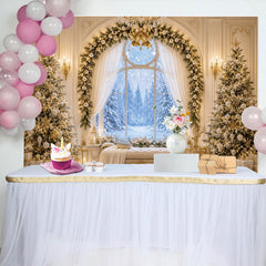 Lofaris Elegant White Gold Christmas Backdrop with Snowy Window View, Luxurious Winter Photography Background for Festive Holiday Decor
