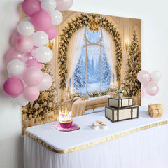 Lofaris Elegant White Gold Christmas Backdrop with Snowy Window View, Luxurious Winter Photography Background for Festive Holiday Decor