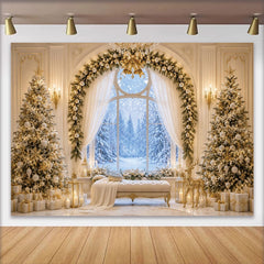 Lofaris Elegant White Gold Christmas Backdrop with Snowy Window View, Luxurious Winter Photography Background for Festive Holiday Decor
