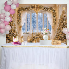Lofaris Elegant Golden Christmas Tree Backdrop with Snowy Window, Luxurious Winter Holiday Background for Family Photoshoot.