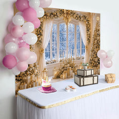 Lofaris Elegant Golden Christmas Tree Backdrop with Snowy Window, Luxurious Winter Holiday Background for Family Photoshoot.