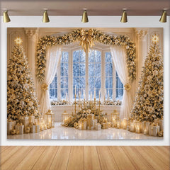 Lofaris Elegant Golden Christmas Tree Backdrop with Snowy Window, Luxurious Winter Holiday Background for Family Photoshoot.