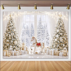 Lofaris Elegant Christmas Winter Wonderland Backdrop with Snowy Trees and Rocking Horse, Luxurious Holiday Background for Festive Photoshoot