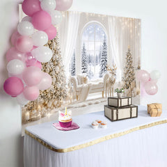 Lofaris Elegant White and Gold Christmas Backdrop with Snowy Window and Decorated Trees, Luxurious Winter Wonderland Background