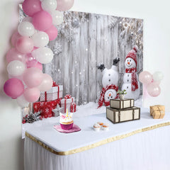 Lofaris Winter Wonderland Christmas Backdrop with Cute Snowmen and Gifts, Snowy Wooden Wall Background for Holiday Photoshoot Decor