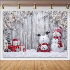 Lofaris Winter Wonderland Christmas Backdrop with Cute Snowmen and Gifts, Snowy Wooden Wall Background for Holiday Photoshoot Decor