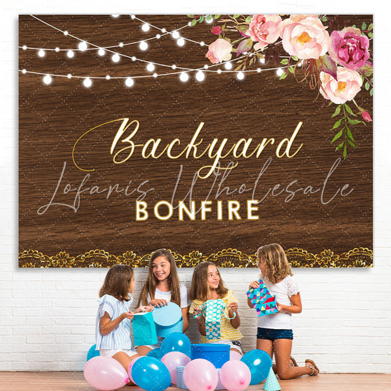Lofaris Backyard Bonfire Wooden Pink Floral Light Backdrop