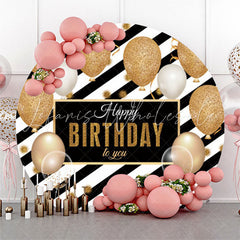 Lofaris Balloon Black Gold Stripes Birthday Round Backdrop
