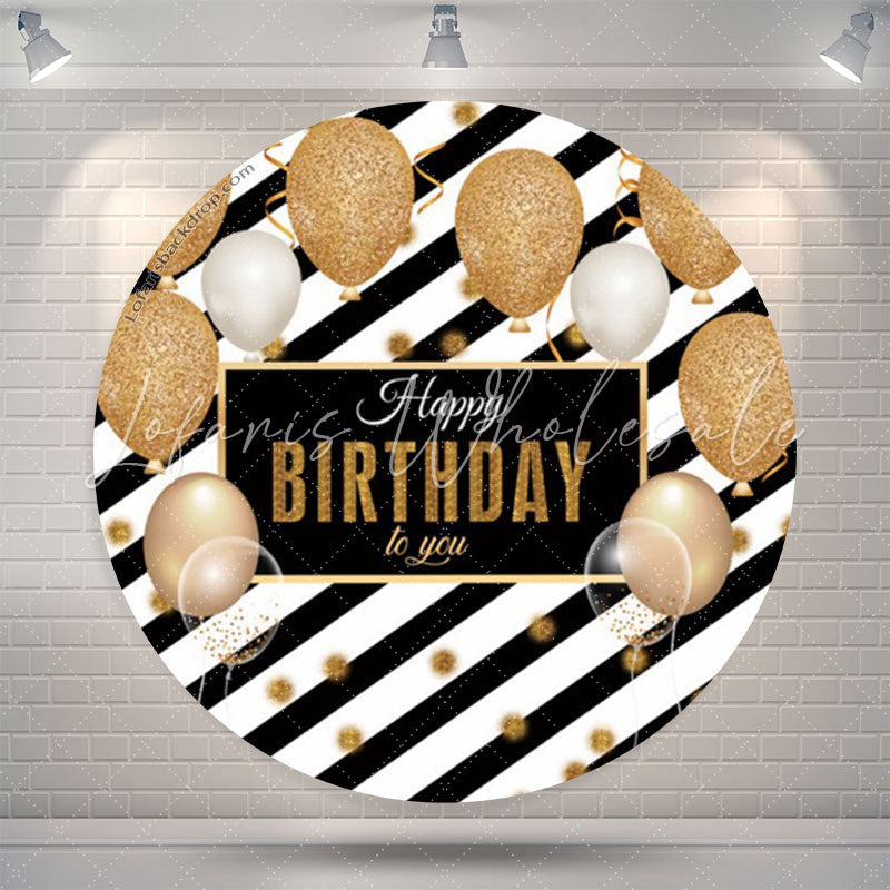 Lofaris Balloon Black Gold Stripes Birthday Round Backdrop