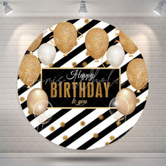 Lofaris Balloon Black Gold Stripes Birthday Round Backdrop