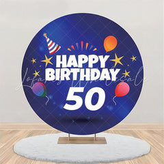 Lofaris Balloon Gold Stars Blue Round 50th Birthday Backdrop