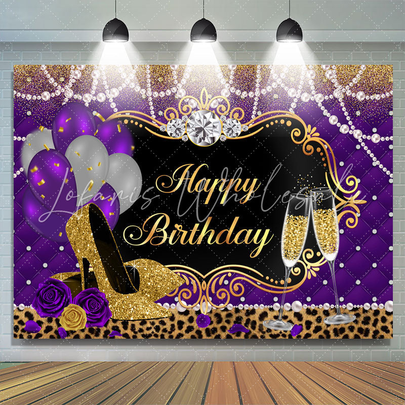 Lofaris Balloons Leopard Purple Gold High Heels Birthday Backdrop for Women
