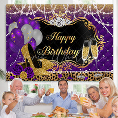 Lofaris Balloons Leopard Purple Gold High Heels Birthday Backdrop for Women