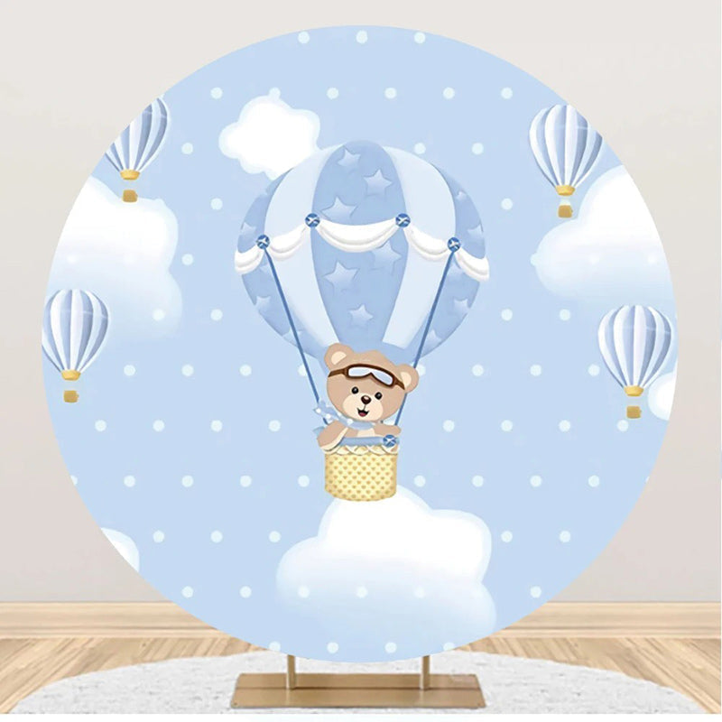 Lofaris Bear Blue Air Balloon Dot Round Baby Shower Backdrop