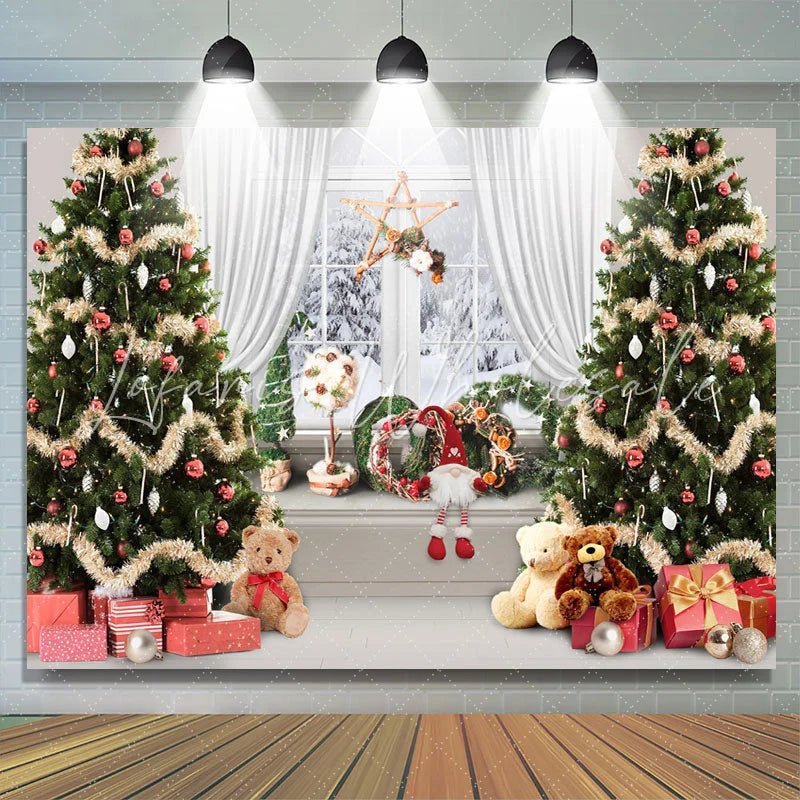 Lofaris Bear Gifts Christmas Tree White Window Snow Backdrop for Party