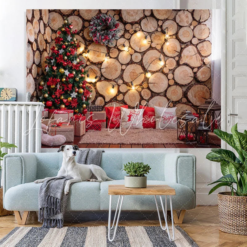 Lofaris Bear Wooden Wall Christmas Tree Lights Photo Scene Backdrop