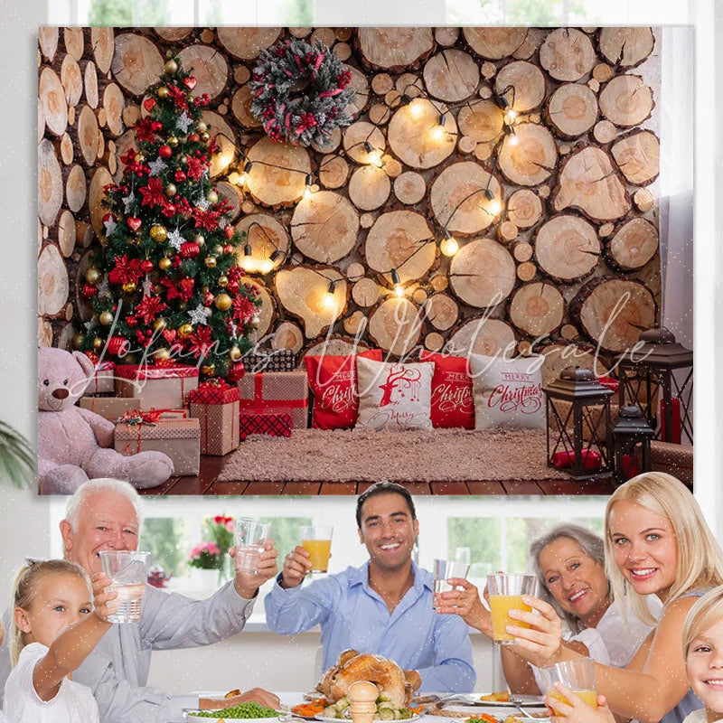 Lofaris Bear Wooden Wall Christmas Tree Lights Photo Scene Backdrop