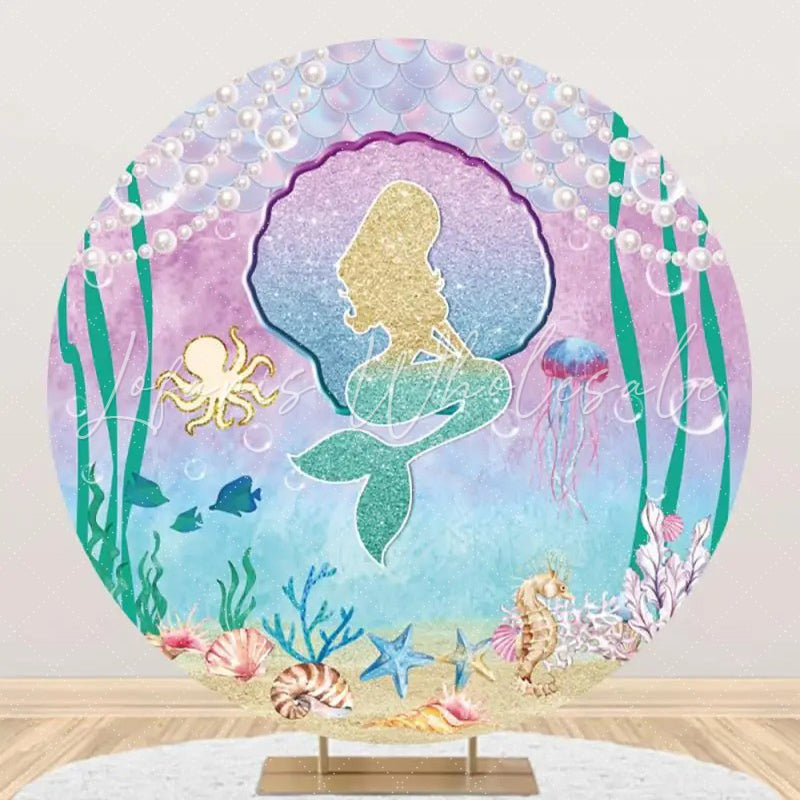 Lofaris Benthos Mermaid Pearl Fish Circle Birthday Backdrop