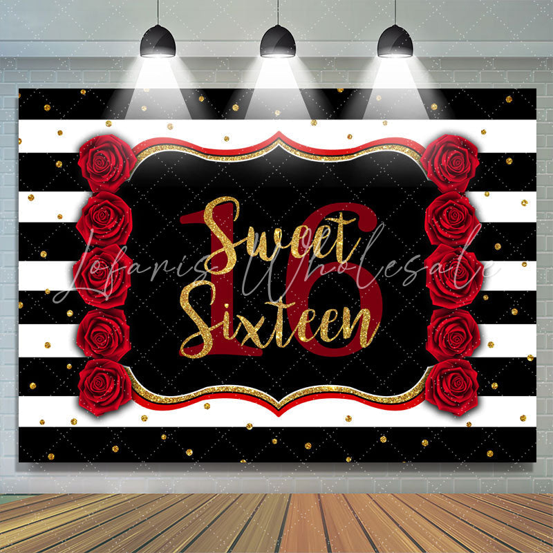 Lofaris Black-And-White Stripe Sweet 16Th Birthday Backdrop