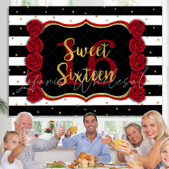 Lofaris Black-And-White Stripe Sweet 16Th Birthday Backdrop