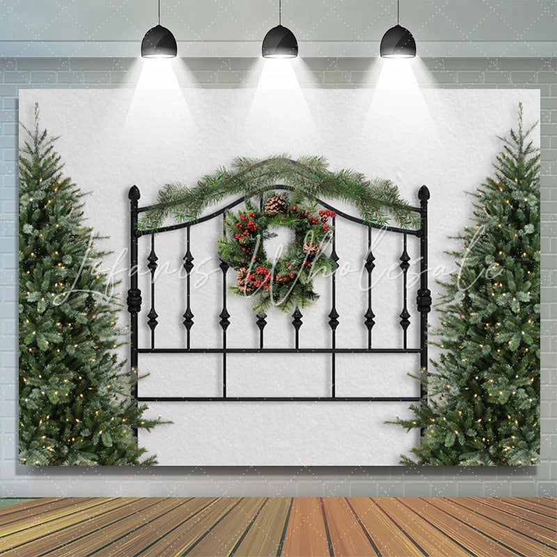 Lofaris Black Iron Fence Christmas Wreath Trees Party Backdrop