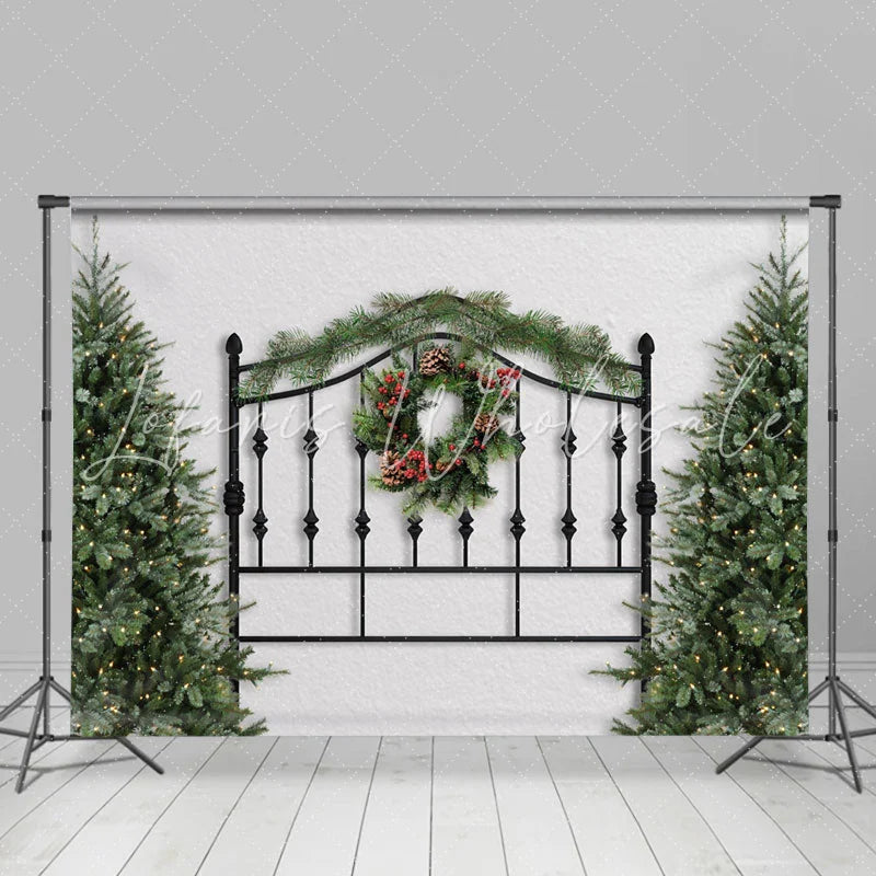 Lofaris Black Iron Fence Christmas Wreath Trees Party Backdrop