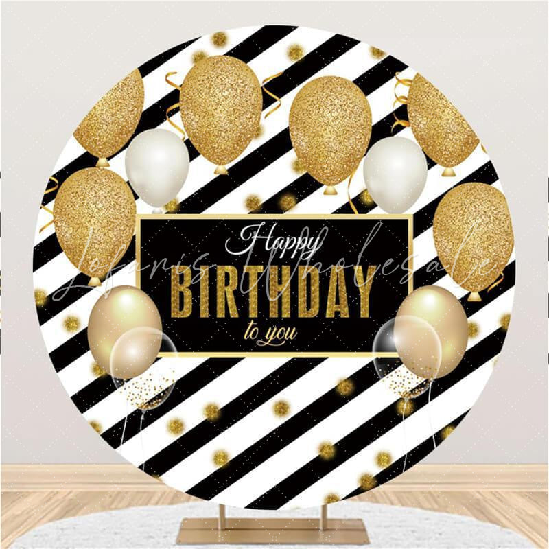 Lofaris Black Stripes Balloons Round Happy Birthday Backdrop