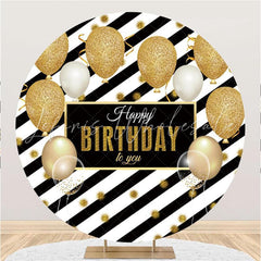 Lofaris Black Stripes Balloons Round Happy Birthday Backdrop