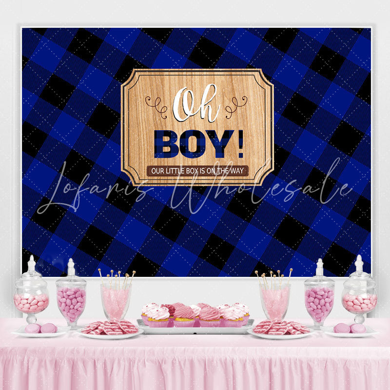 Lofaris Blue and Black Grid Stripe Oh Boy Baby Shower Backdrop