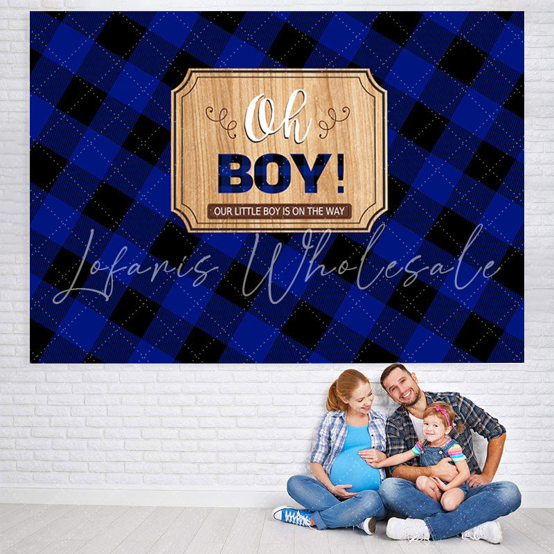 Lofaris Blue and Black Grid Stripe Oh Boy Baby Shower Backdrop