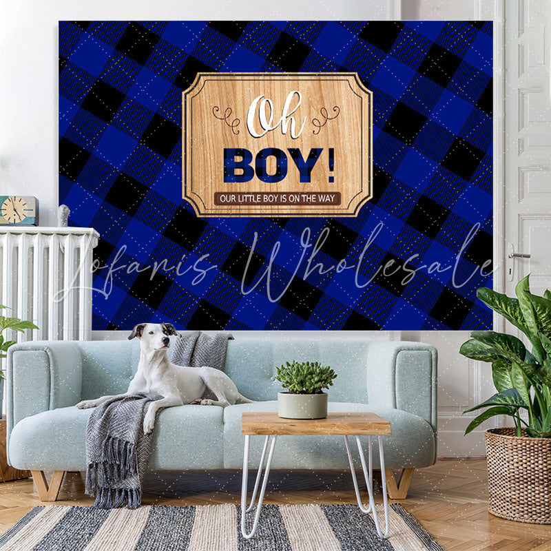 Lofaris Blue and Black Grid Stripe Oh Boy Baby Shower Backdrop