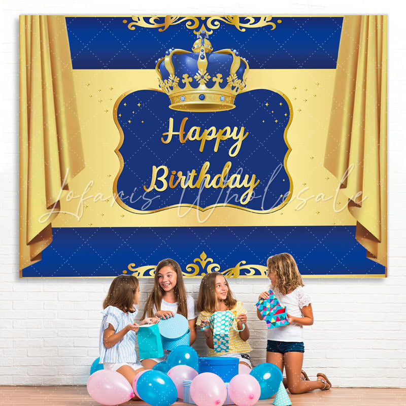 Lofaris Blue and Golden Crown Happy Birthday Party Backdrop