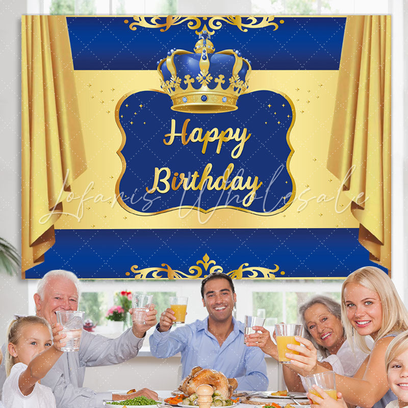 Lofaris Blue and Golden Crown Happy Birthday Party Backdrop